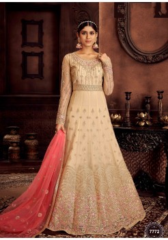 Pink & Cream  Butterfly Net With Embroidery Anarkali 